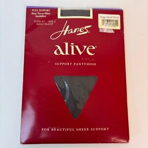 Hanes Alive Full Support Pantyhose Vintage Sandalfoot Sheer Barely Black Size C